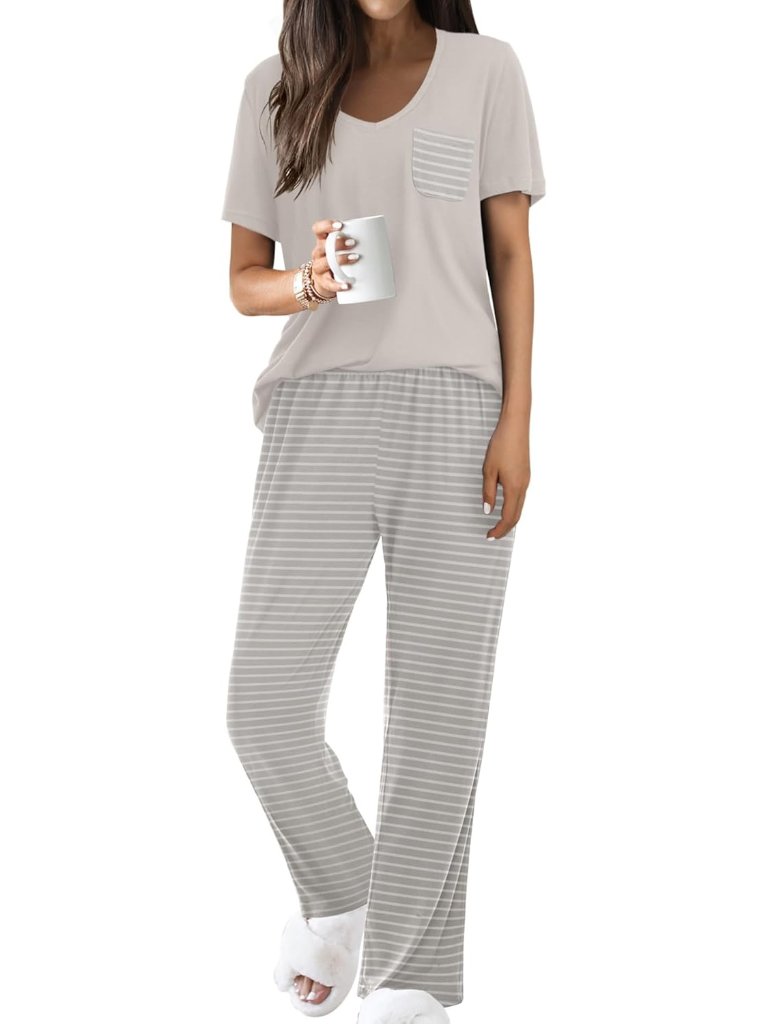 Women Grey Striped V Neck Short Sleeve Shirt Sleepwear 2 Piece Pajama Sets